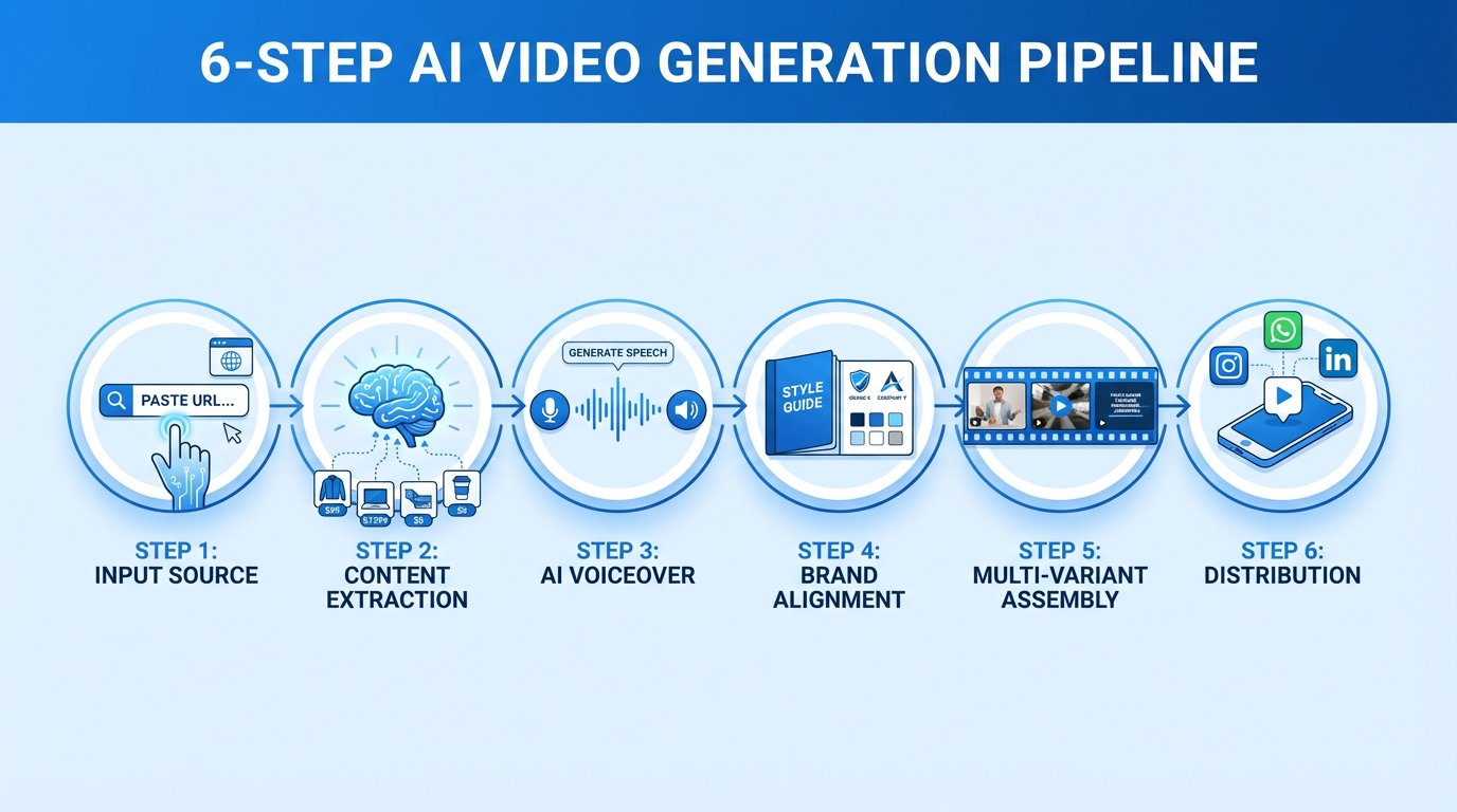 Dashboard showing automated URL-to-video AI generator creating short ads from product pages