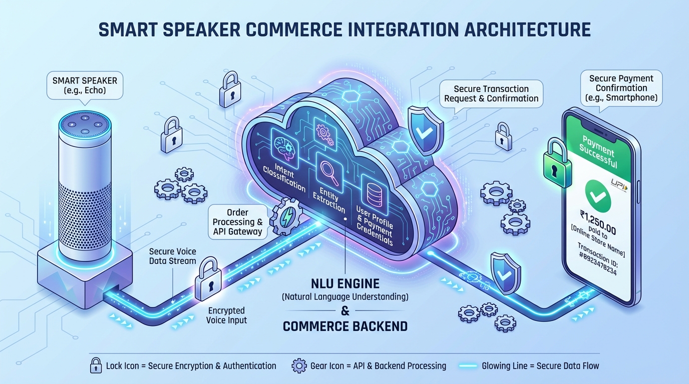 Smart speaker commerce architecture and secure payment handoff (diagram)