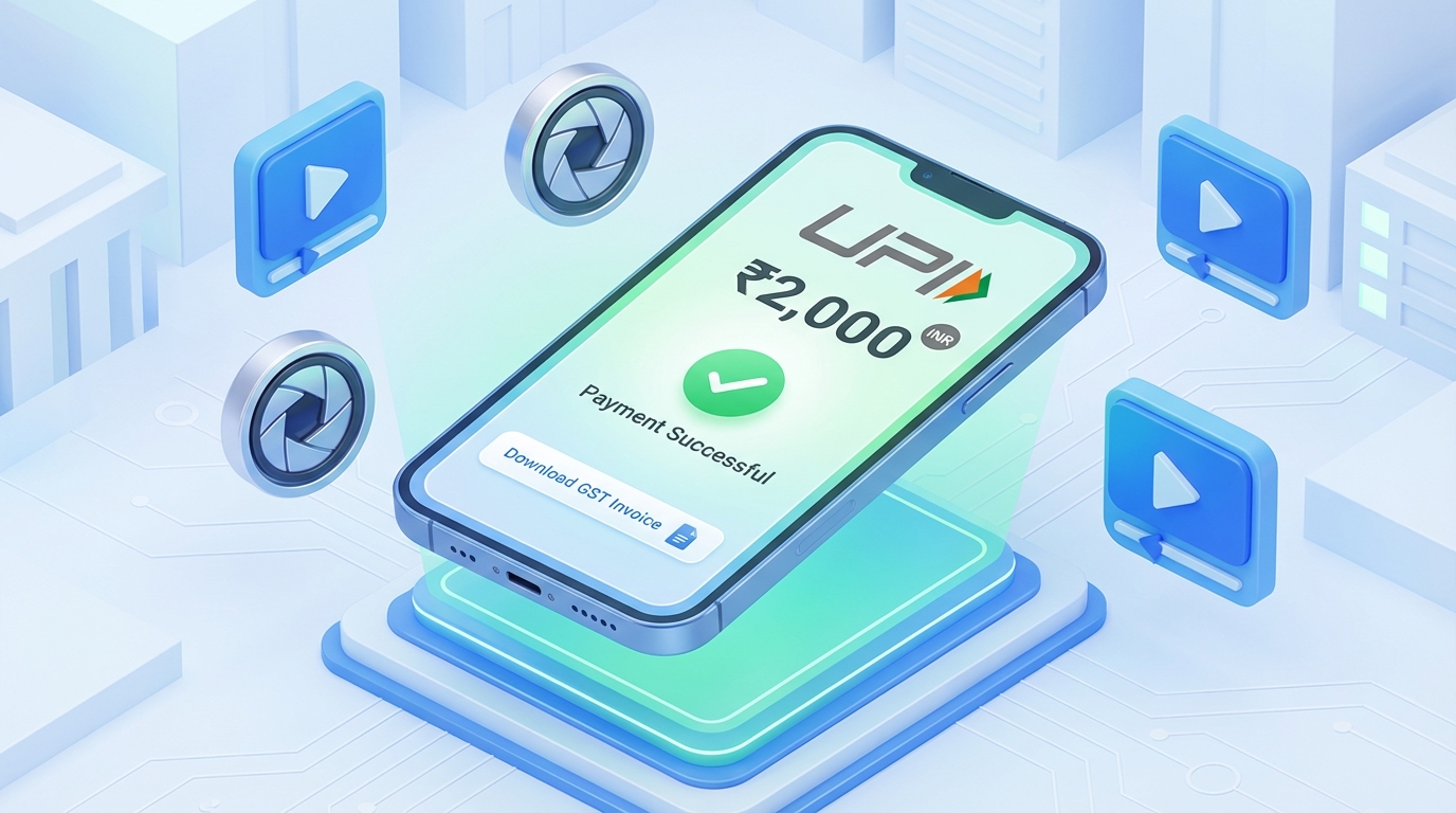 Workflow diagram for India-first AI video production with UPI and GST