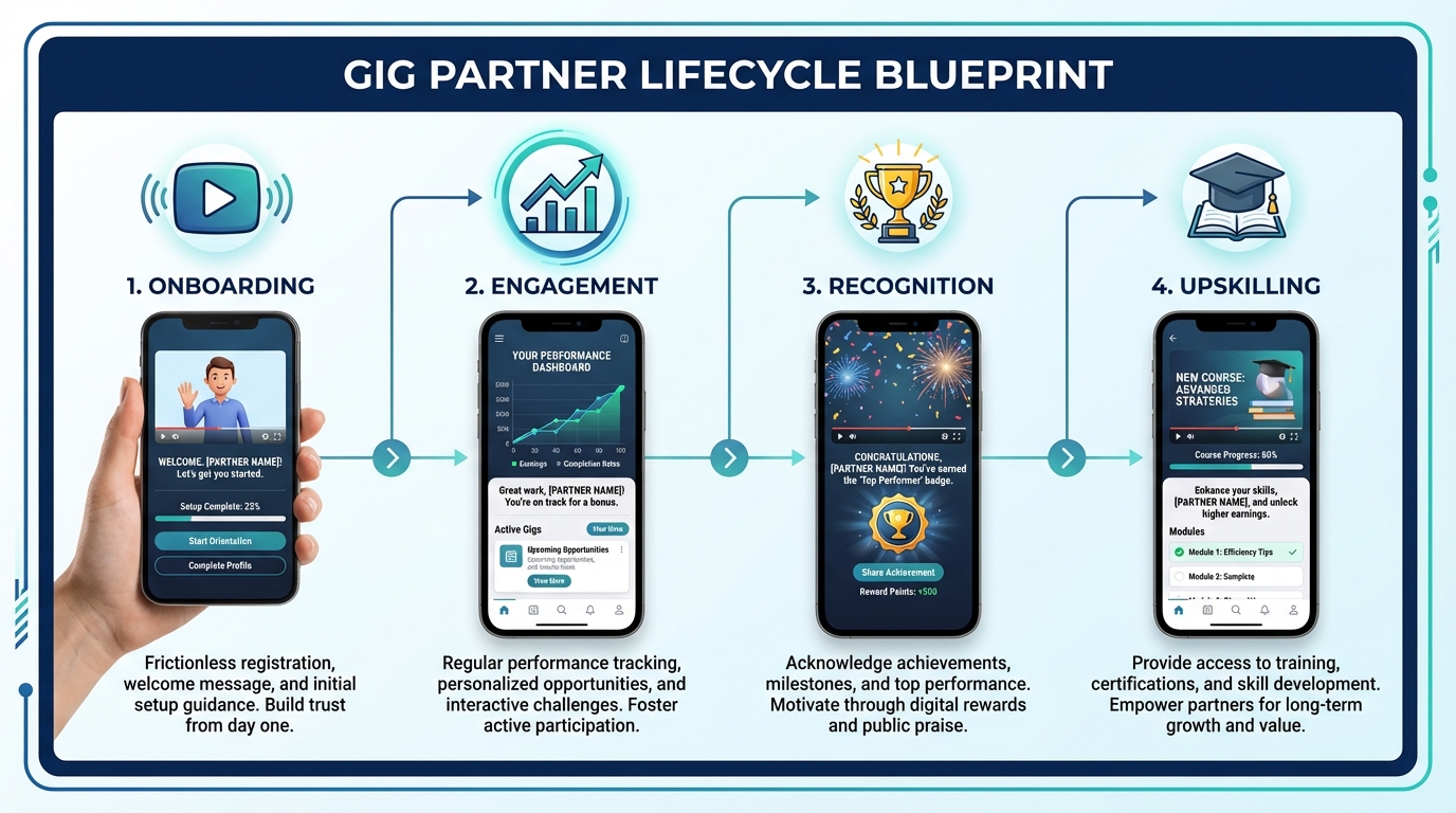 Lifecycle blueprint for partner communication videos in the gig economy