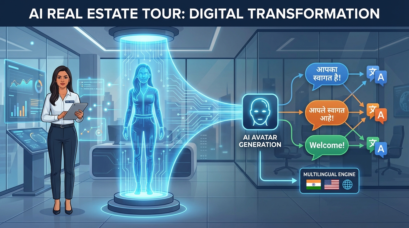 Avatar-led real estate virtual tour interface example highlighting property features