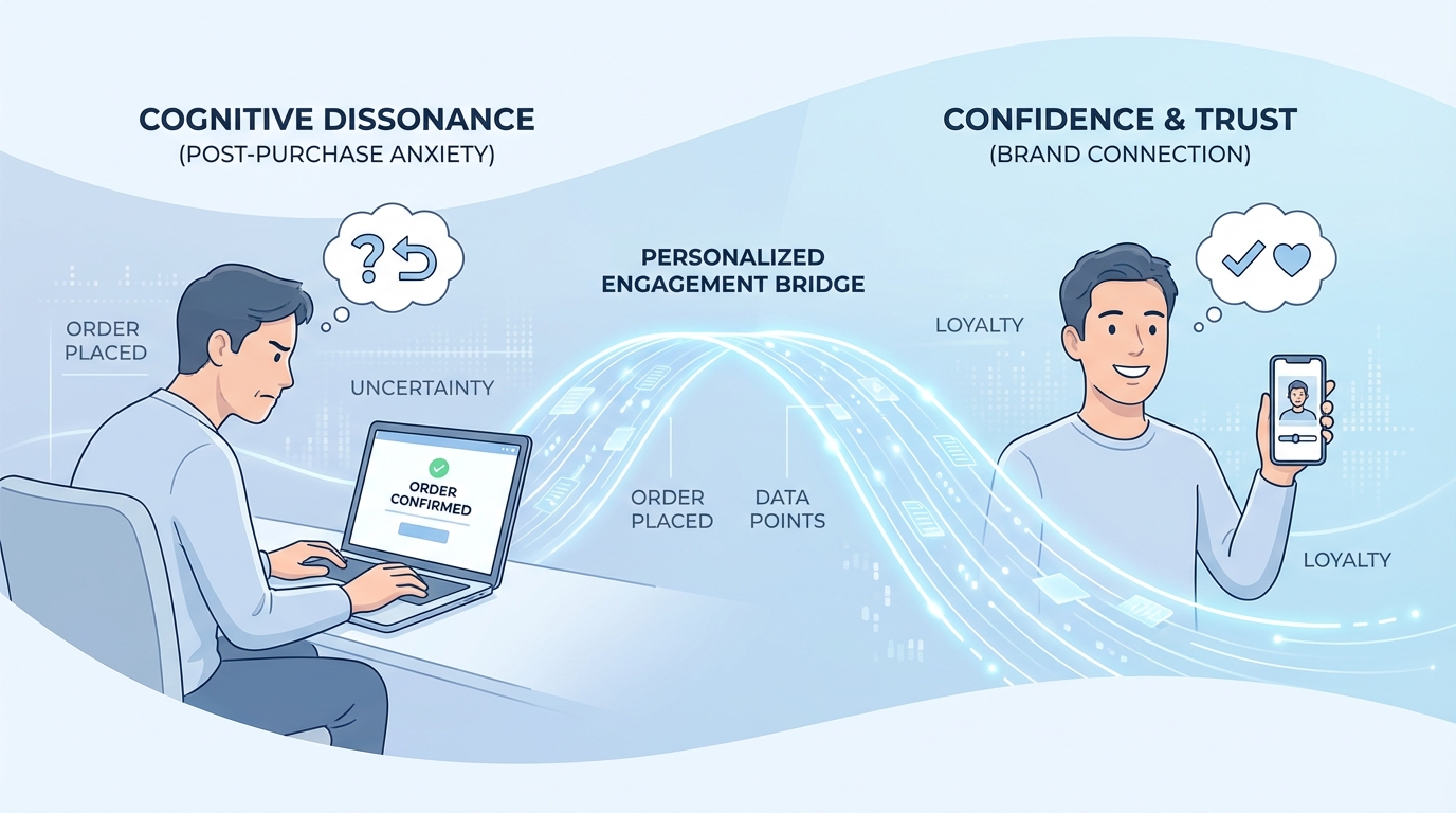 Illustration of AI-powered post-purchase validation video flow reducing buyer’s remorse