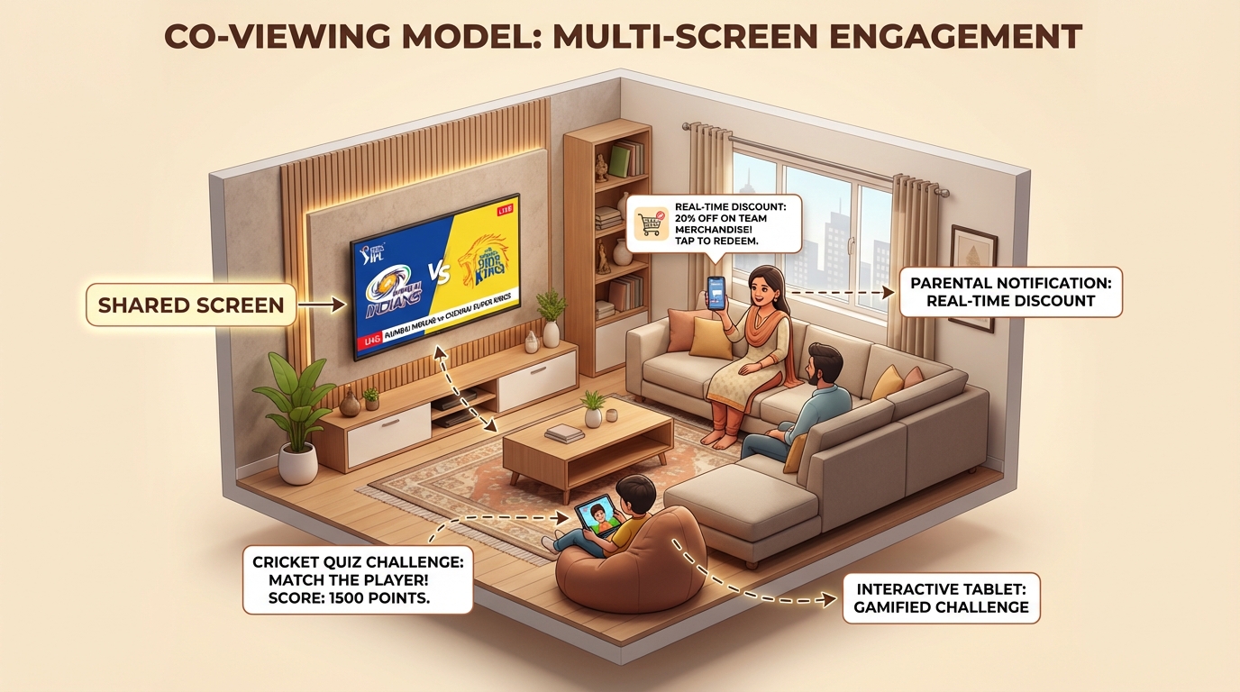 Illustration of a family engaging with IPL through gamified brand challenges