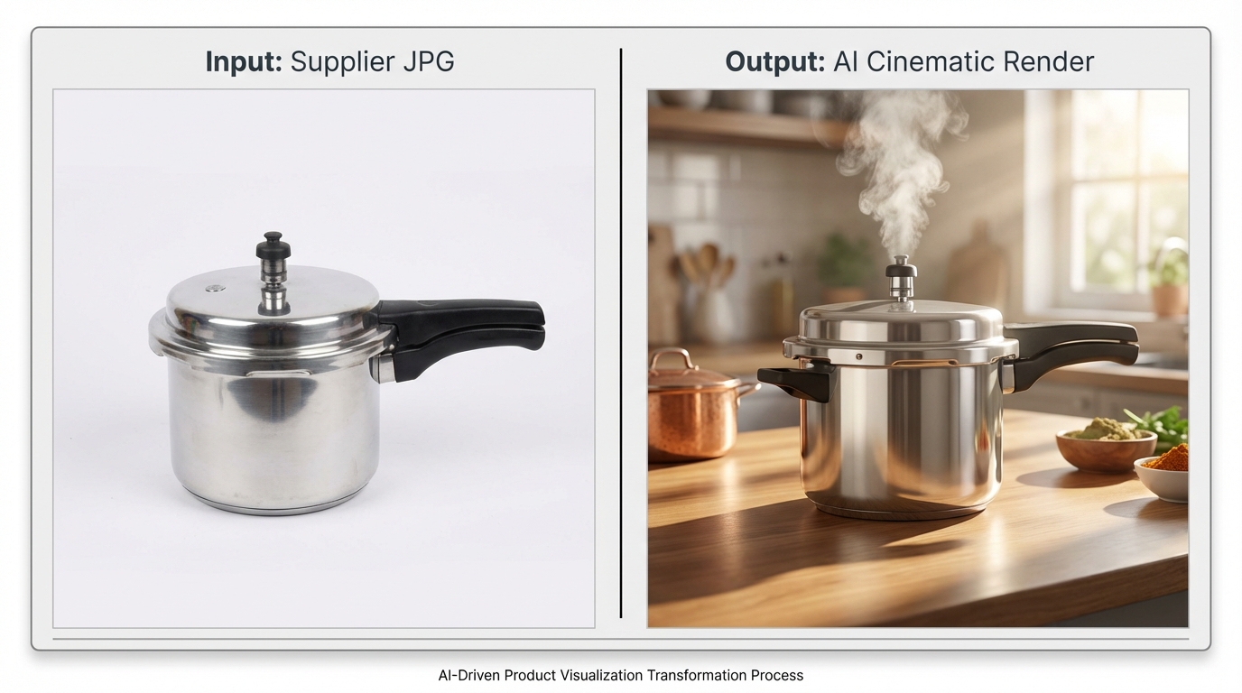 Illustration of AI pipeline converting product photos and 3D models into cinematic videos