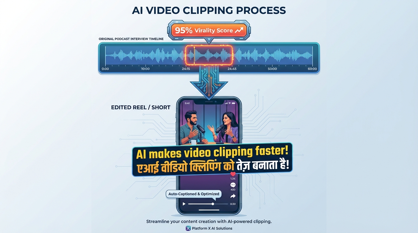 AI short-form workflow illustration for Opus Clip and Captions.ai in India