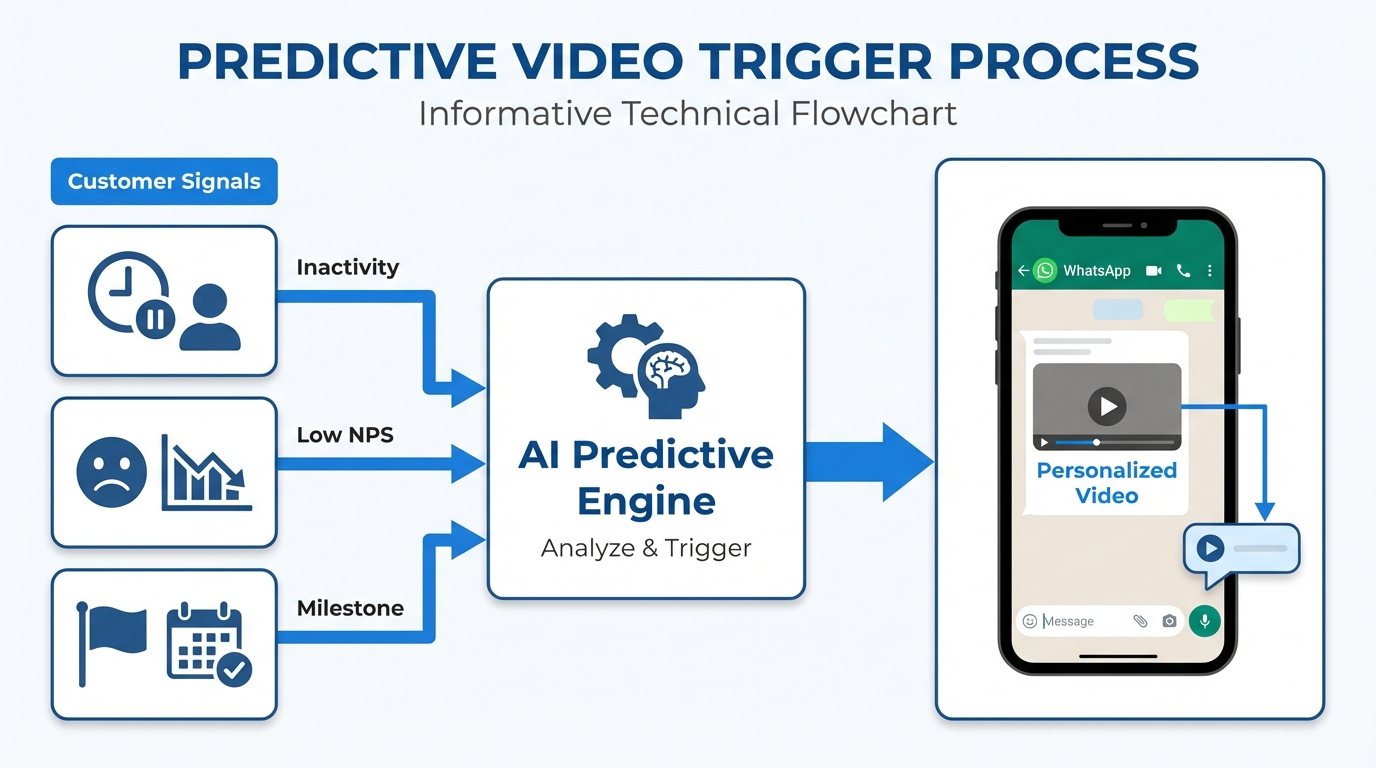 Architecture diagram showing predictive video trigger automation across channels