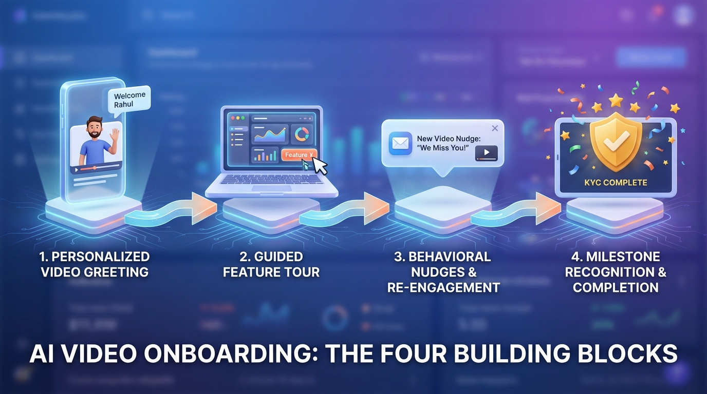 Illustration of AI-powered onboarding video components across channels
