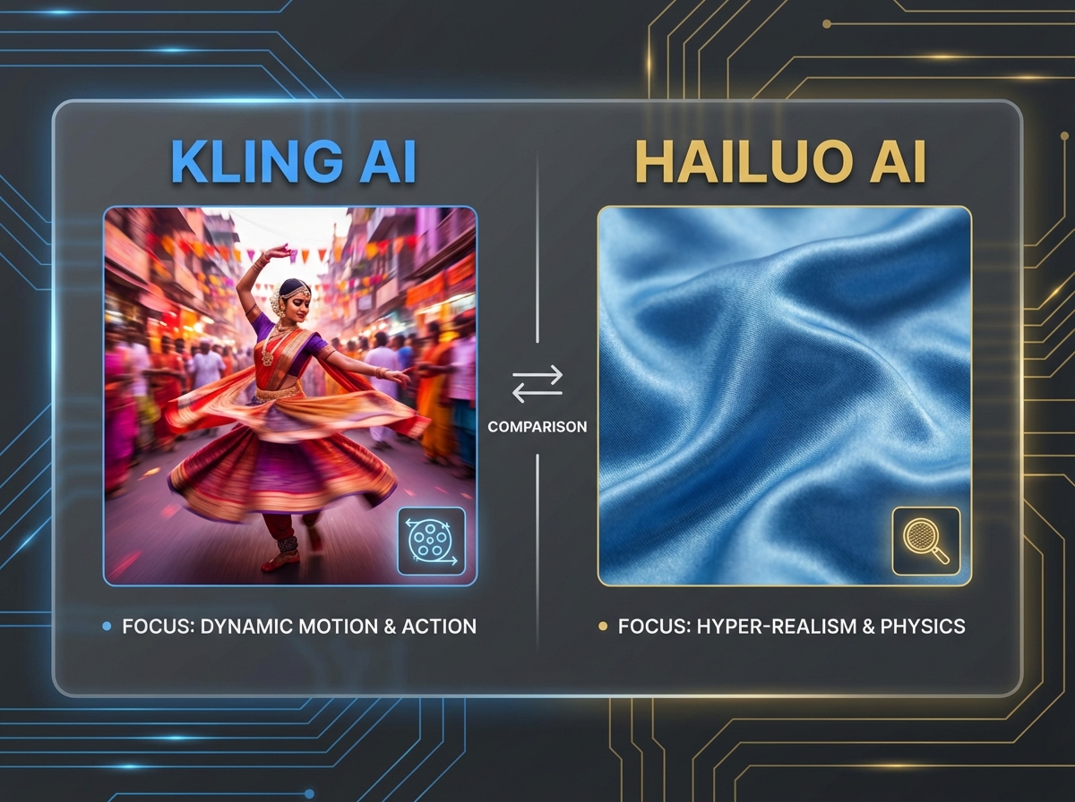 Comparison banner for Hailuo AI and Kling AI tools in India