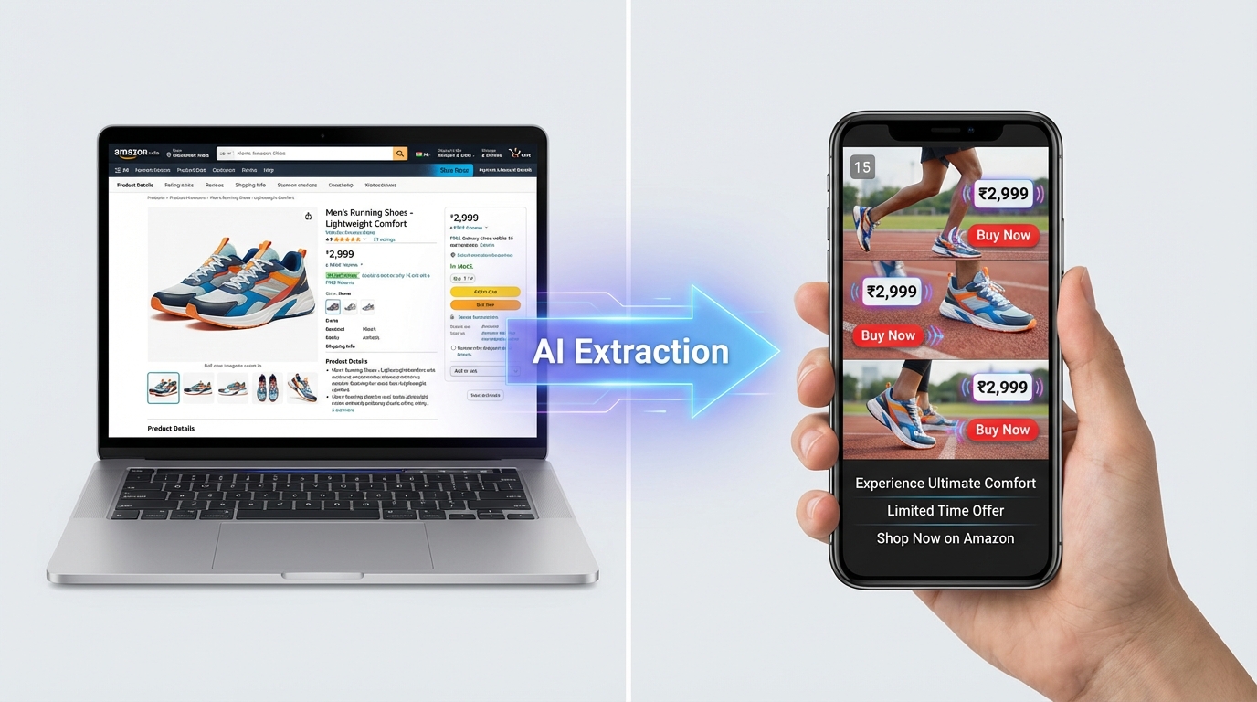 Illustration of a URL-to-video AI generator transforming product pages into short video ads