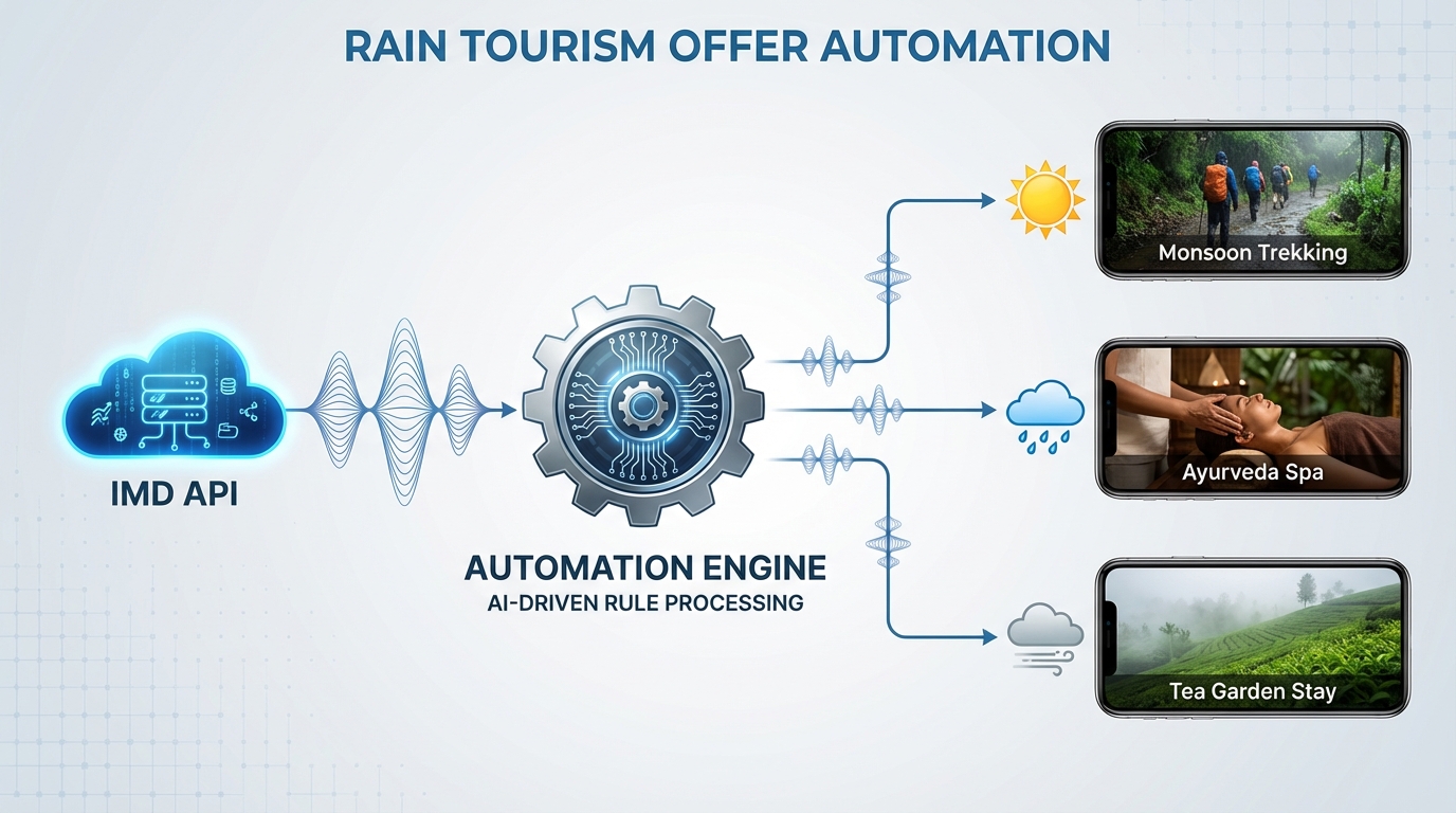 Weather-triggered monsoon travel marketing automation diagram