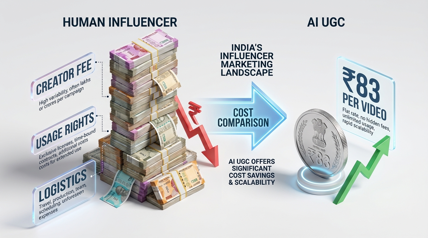 Chart illustrating ROAS benchmarks for AI UGC vs human UGC in India