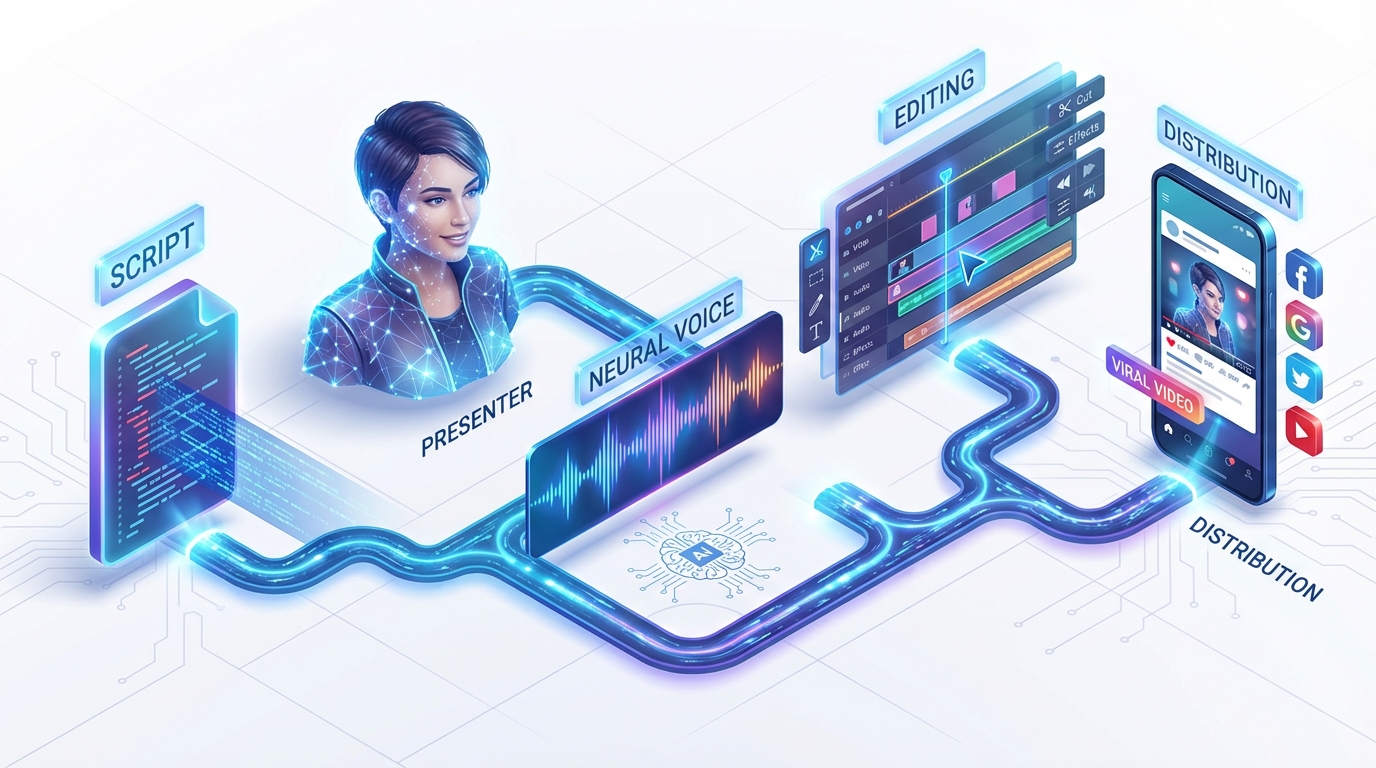 AI video captions and distribution workflow illustration