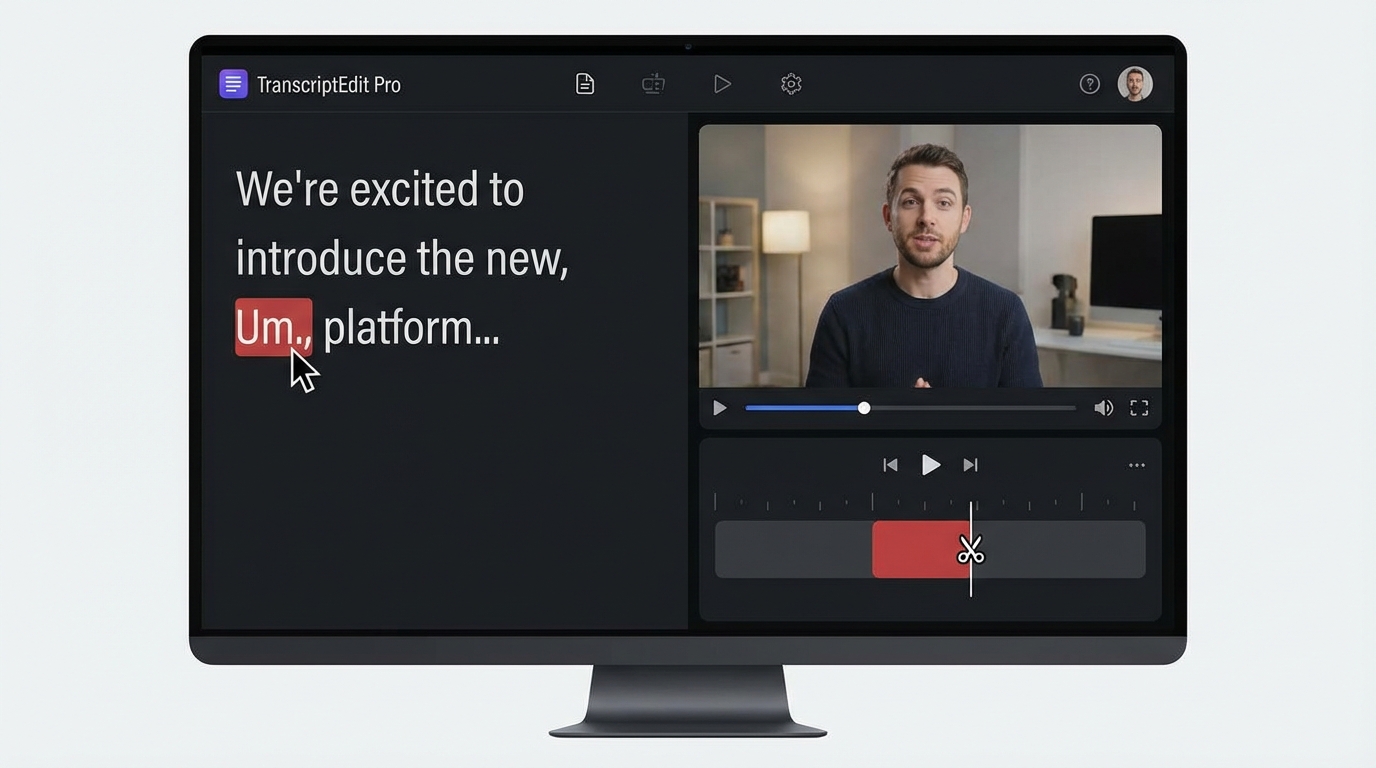 Descript transcript-based editing interface concept for Indian creators