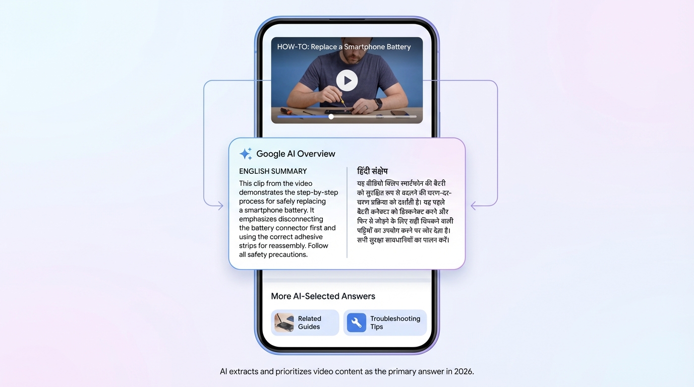 Diagram showing how video chapters and transcripts align for AI Overviews position zero