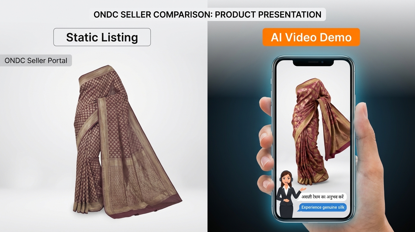 AI-powered ONDC seller creating a product demo video on a smartphone