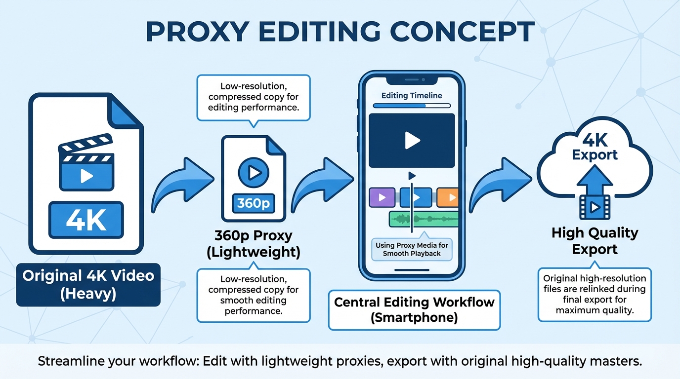 Illustration of a proxy editing workflow for low-RAM devices