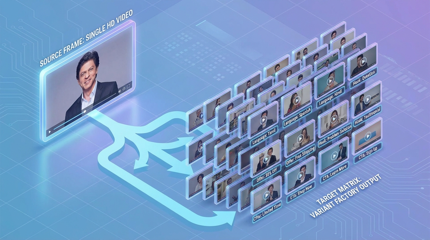 AI-powered video variant factory concept illustration