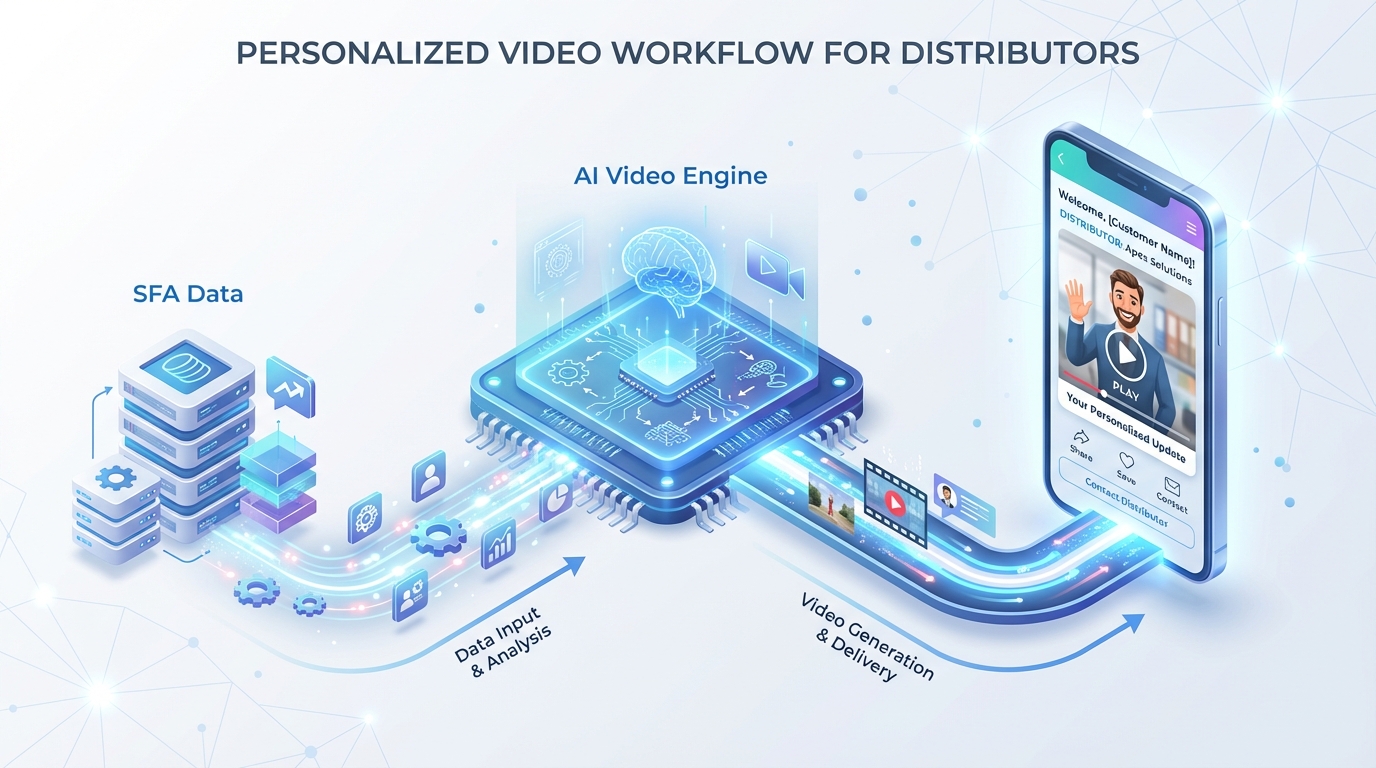 Reference architecture connecting SFA/ERP, personalization engine, CPaaS delivery, and analytics loop for distributor enablement videos