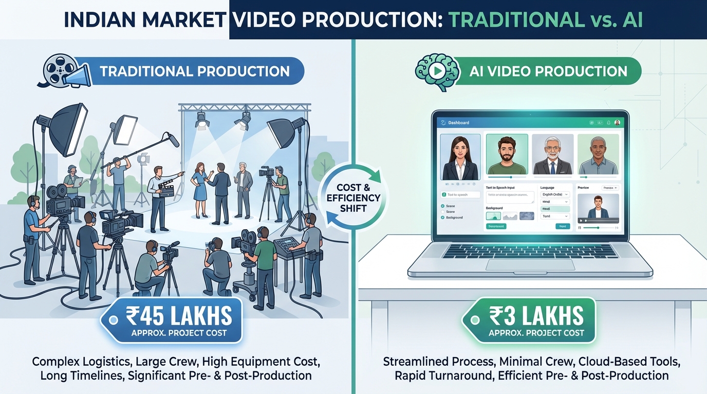 Chart comparing traditional vs AI video production costs in India 2026