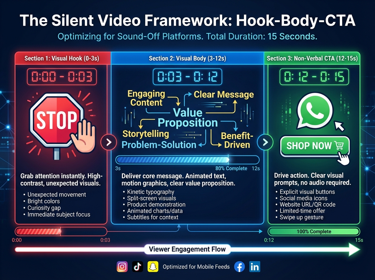 Framework diagram showing hook, body, and CTA for silent video design