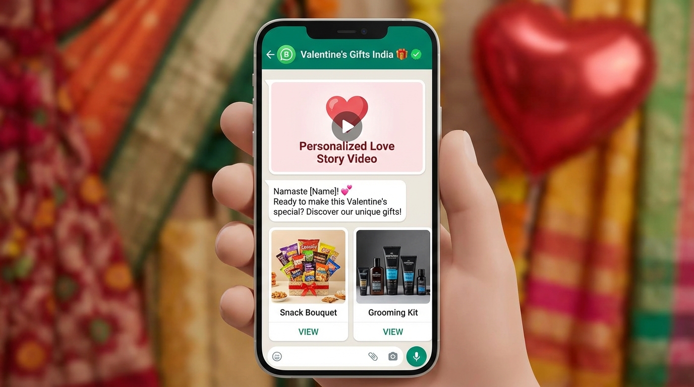 Dashboard visual showing AI-driven romantic gift recommendations and WhatsApp product cards