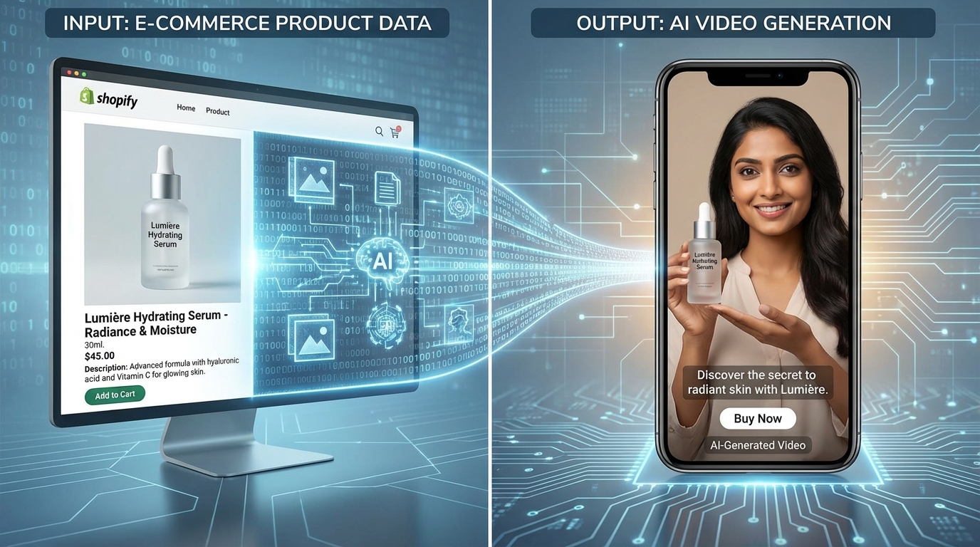 AI video generation workflow transforming Shopify product URLs into spokesperson videos