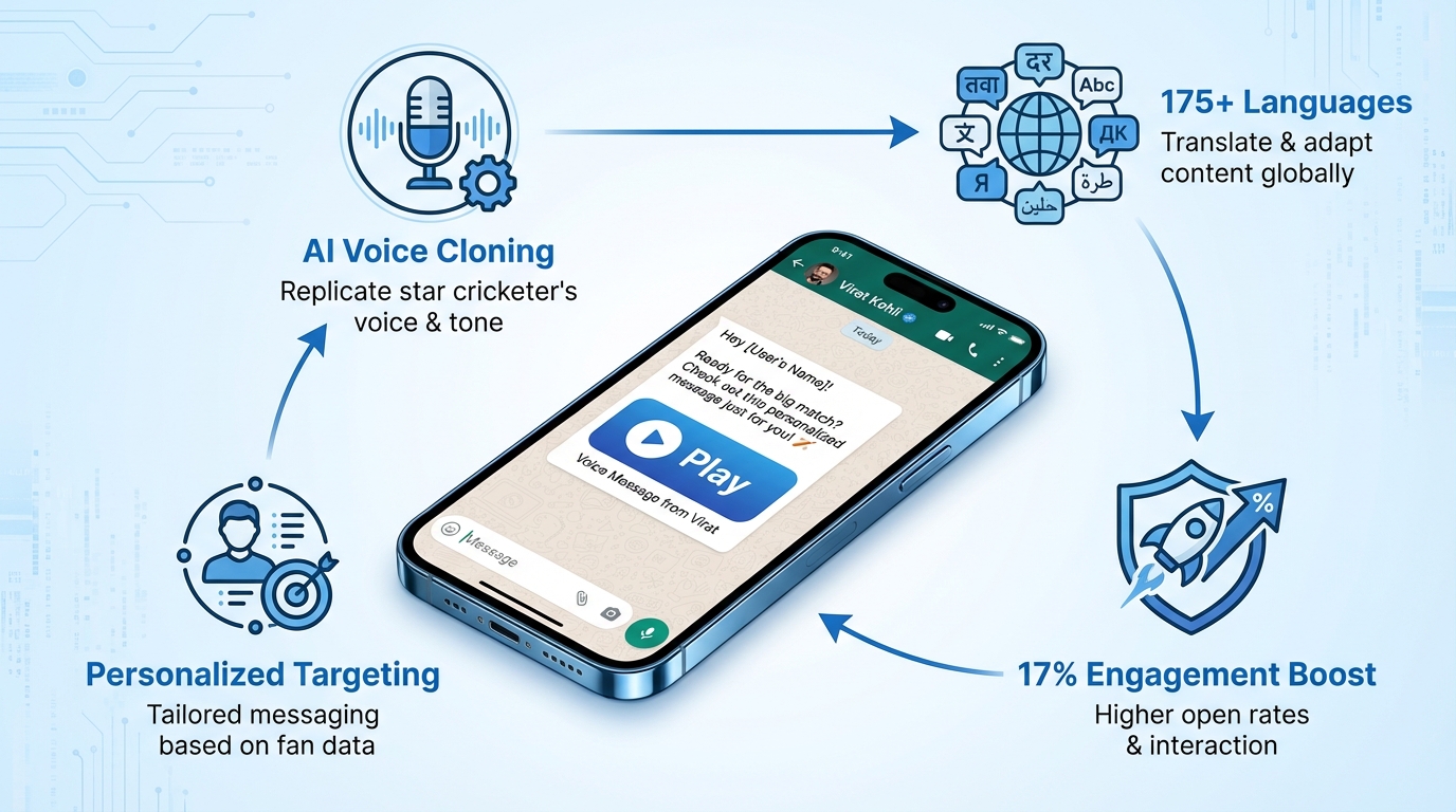 Personalized cricket video campaign dashboard mockup showing multi-language options