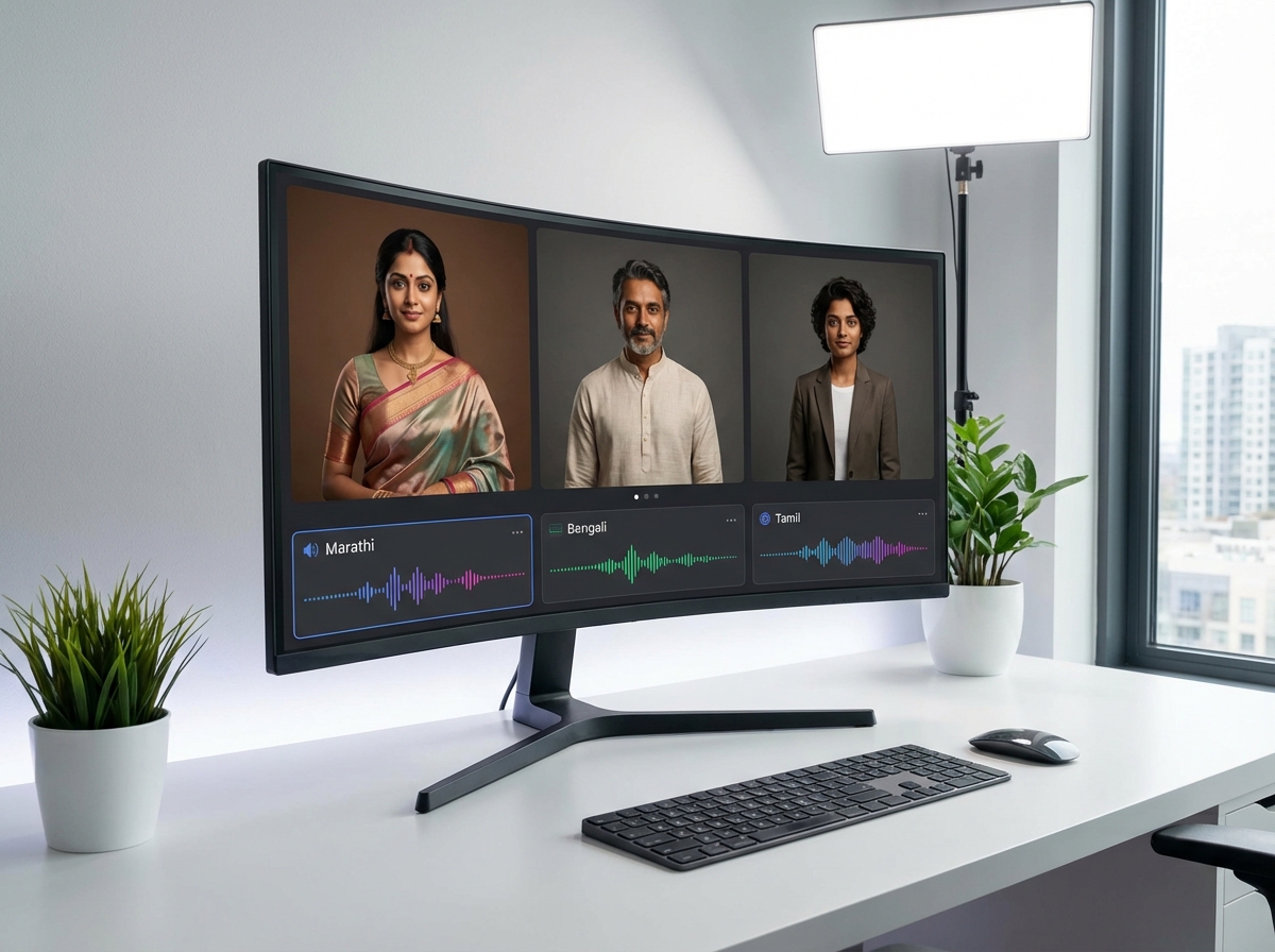 Illustration of AI avatars, voice cloning, and localization pipeline