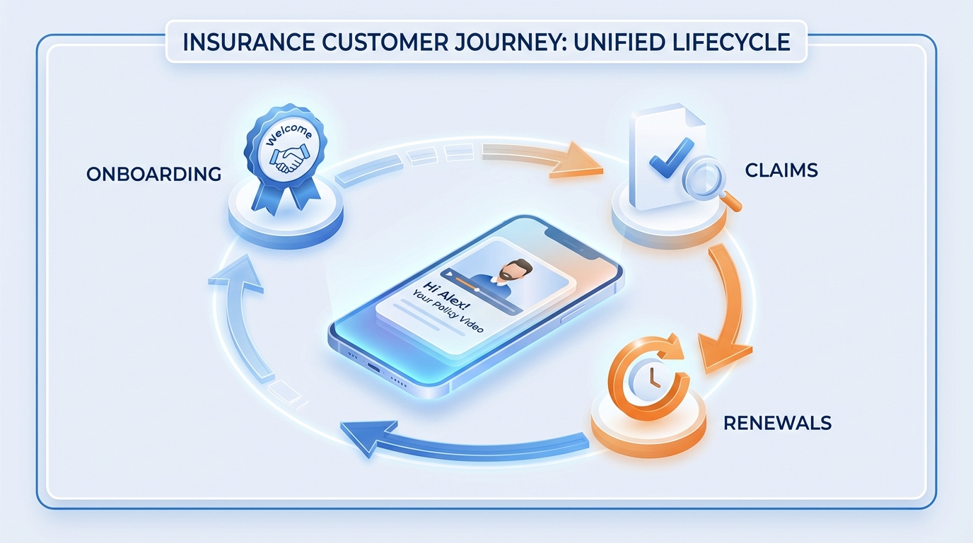 Illustration of personalized insurance CLM video touchpoints across the policy lifecycle